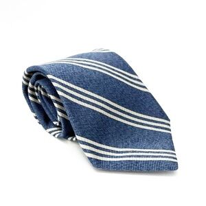 Breuer Men’s Necktie Silk & Cotton Chambray Blue & Cream Triple Striped Tie EUC